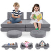 Gray modular kids play couch set, featuring soft foam blocks with removable covers, adaptable for various play.