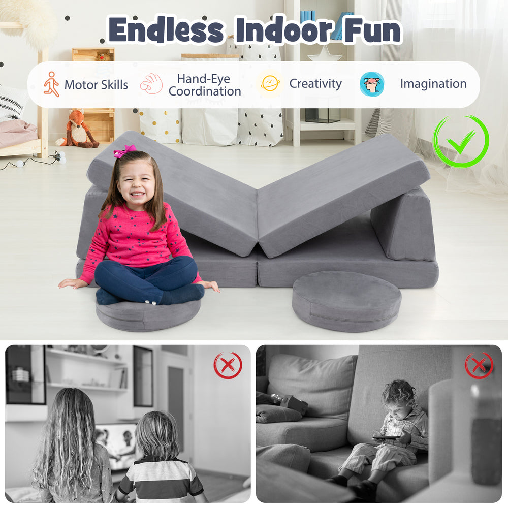 Modular kids play couch set in gray, featuring 6 foam pieces with washable covers for safe indoor play and creativity.