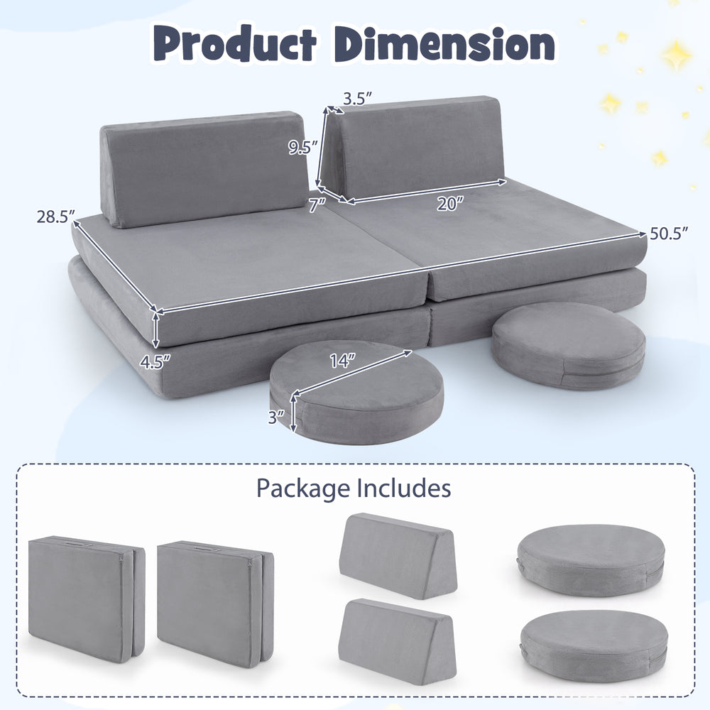 Modular kids play couch set dimensions with gray velvet covers, includes 6 foam pieces for versatile playroom use.