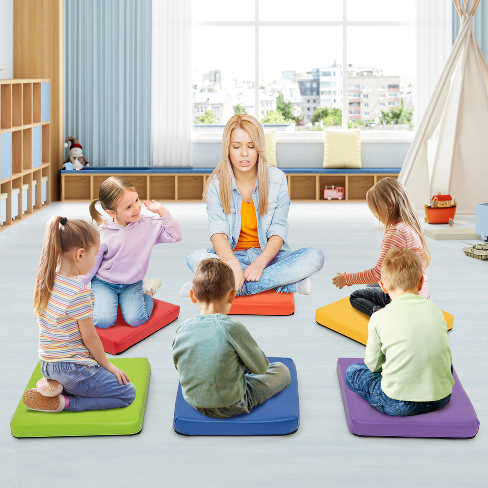 Multicolor 16-inch square floor cushions with high-density sponge, perfect for kids' activities in home or classroom.