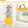 Bright yellow square floor cushion with built-in handle, perfect for easy transport and vibrant seating for kids.