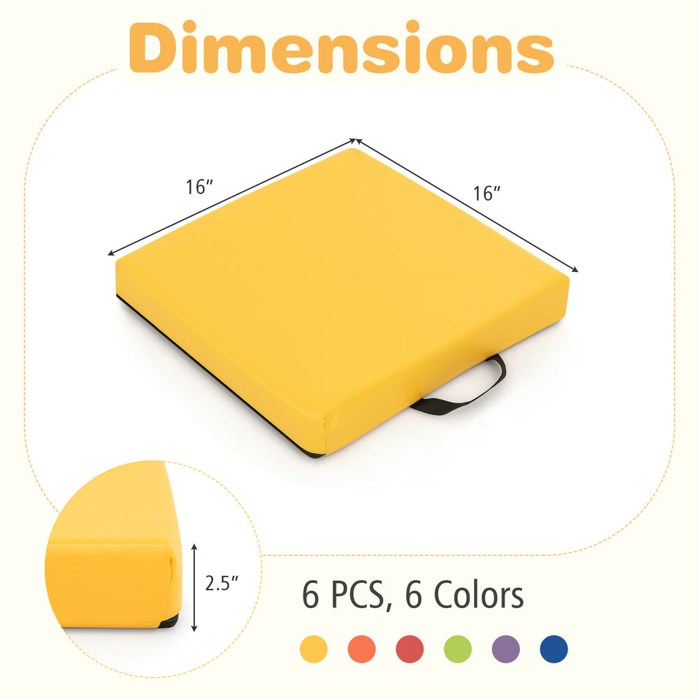 Square yellow floor cushion measuring 16 inches, part of a 6 PCS set, ideal for comfortable seating and easy transport.
