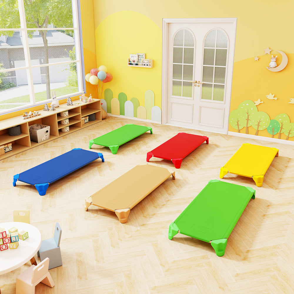 Multicolor portable daycare cots stacked in a bright room, ideal for kids' nap time and easy storage.