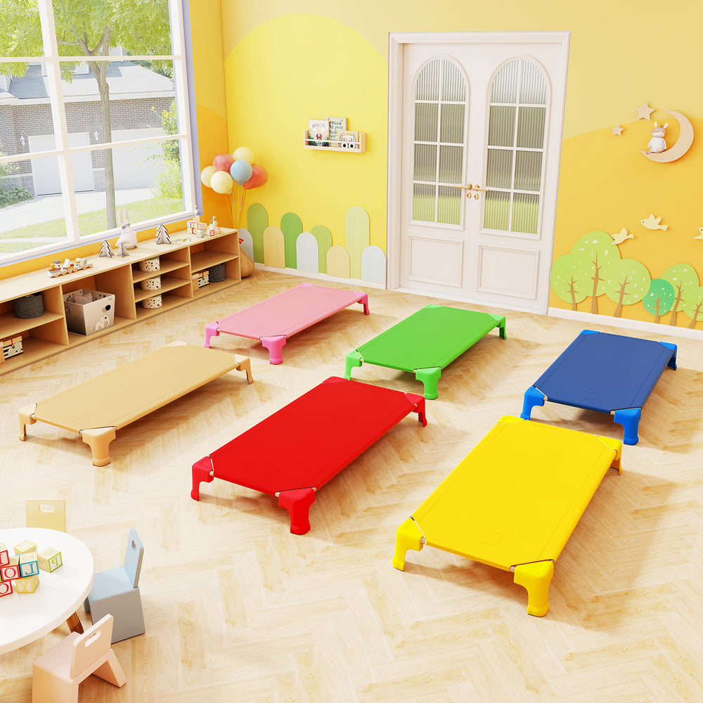 Multicolor portable daycare cots in a classroom setting, featuring sturdy design and non-slip foot pads for kids'.