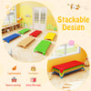Colorful stackable daycare cots for kids, featuring sturdy metal pipes and non-slip foot pads for stability and safety.