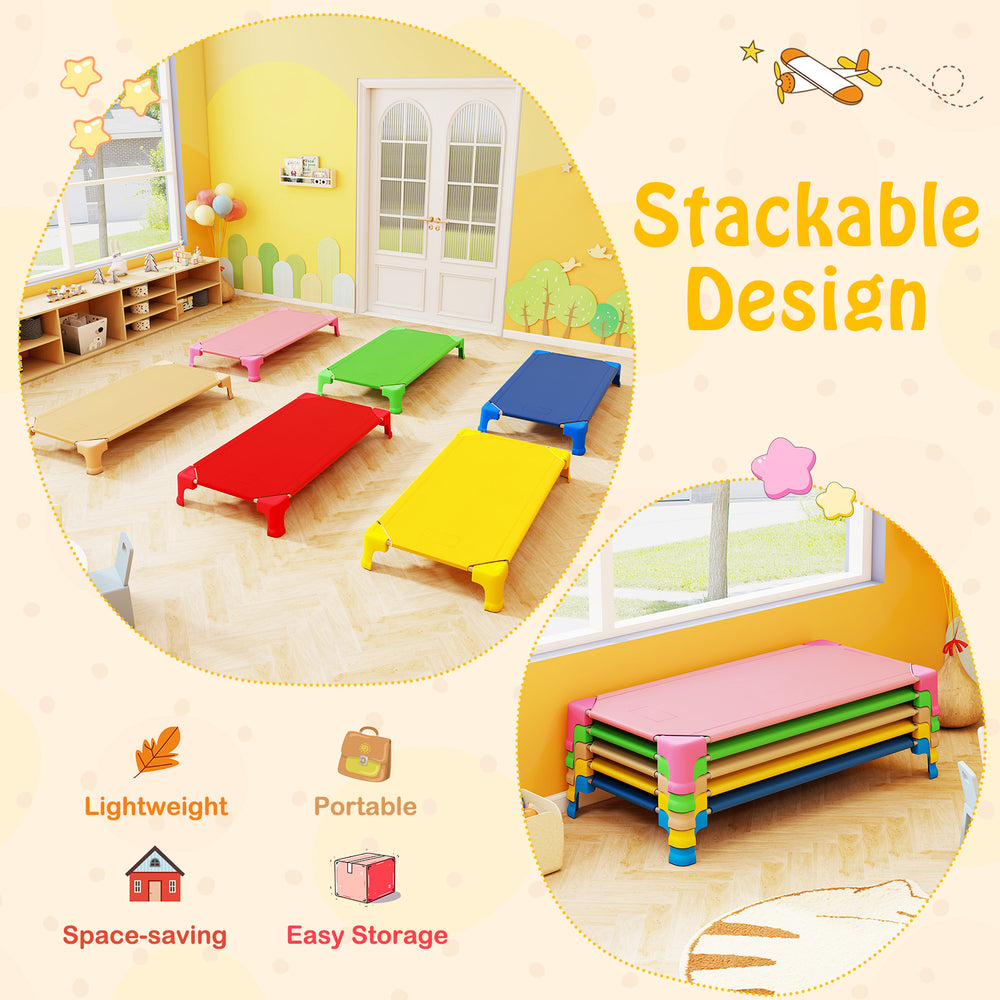 Colorful stackable daycare cots for kids, featuring sturdy metal pipes and non-slip foot pads for stability and safety.