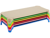 Stackable multicolor daycare cots for kids, featuring sturdy metal pipes and non-slip foot pads for stability.
