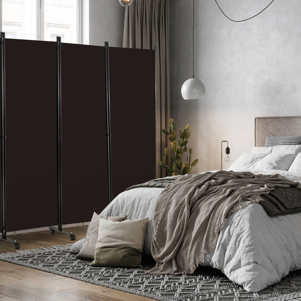 6 Panel 5.7 Feet Tall Rolling Room Divider on Wheels-Brown - Gallery View 1 of 10