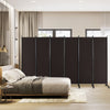 Six-panel rolling room divider in walnut with woven surface and wheels, ideal for home or office privacy solutions.