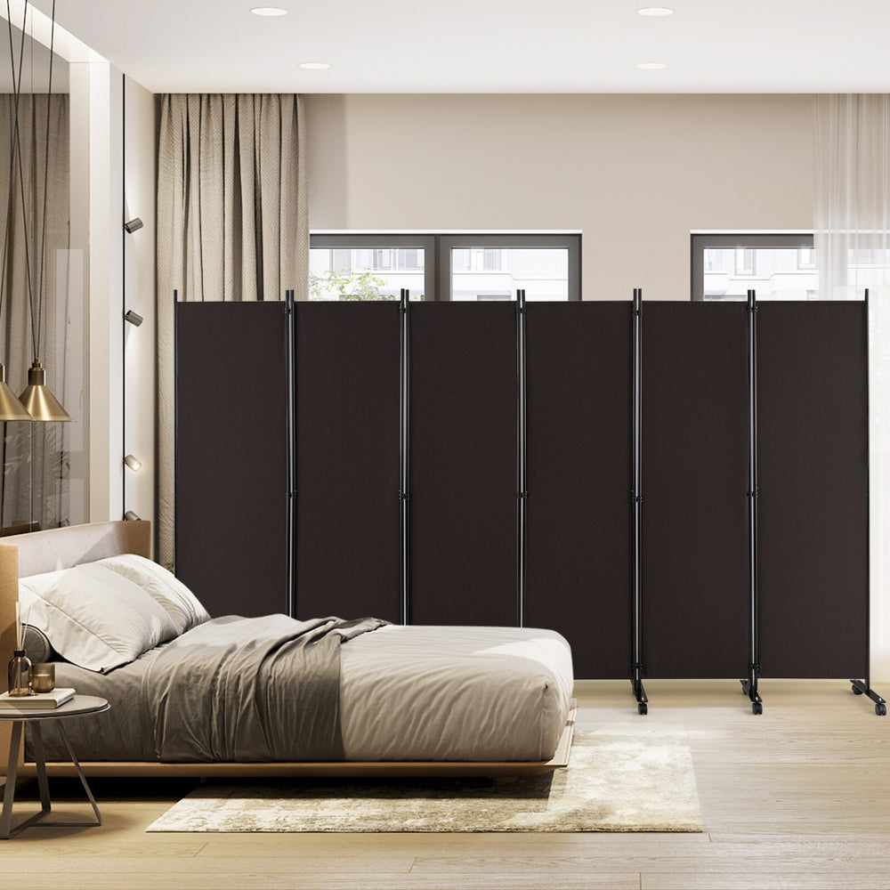 Six-panel rolling room divider in walnut with woven surface and wheels, ideal for home or office privacy solutions.