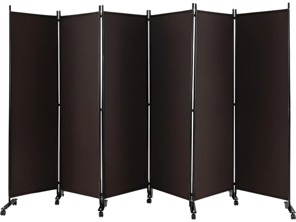 Six-panel rolling room divider in walnut with woven surface, designed for privacy and easy mobility in indoor spaces.