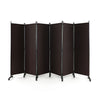 Six-panel rolling room divider in walnut with a woven surface, ideal for privacy in home or office spaces.