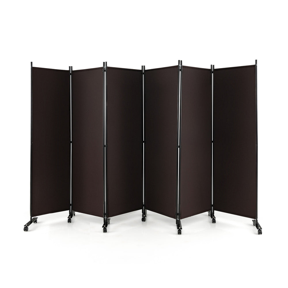 Six-panel rolling room divider in walnut with a woven surface, ideal for privacy in home or office spaces.