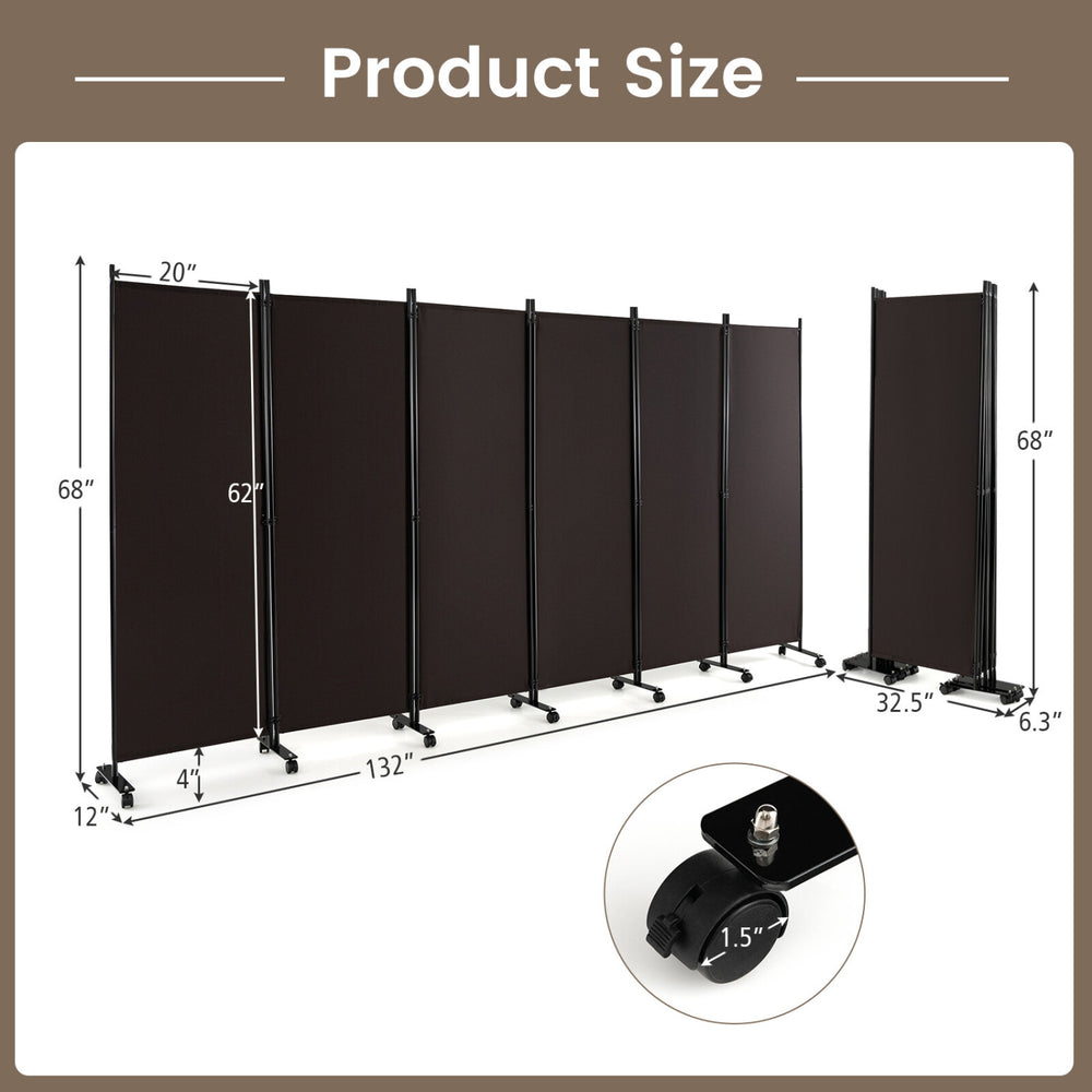 Six-panel rolling room divider in walnut, 5.7 feet tall, featuring a woven surface and 14 universal wheels for easy mobility.