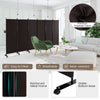 Six-panel rolling room divider in walnut with breathable fabric and sturdy metal frame, ideal for home or office privacy.