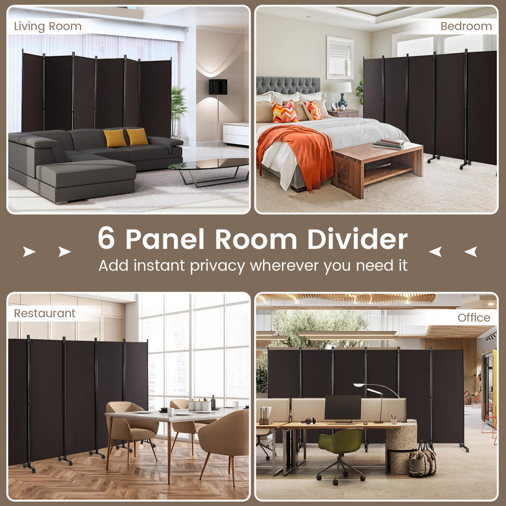 6-panel rolling room divider in walnut, 5.7 feet tall, offers privacy and mobility for home, office, or dormitory use.
