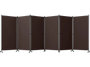 Six-panel folding privacy screen room divider in coffee color with wheels, ideal for versatile room arrangements and privacy.