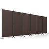 Six-panel folding privacy screen room divider in coffee color with wheels, ideal for living room or restaurant use.