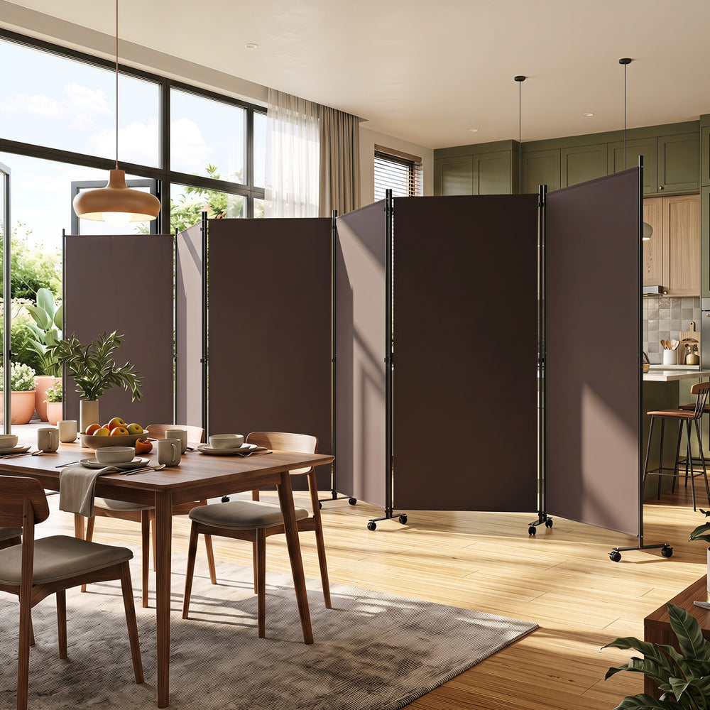 Six-panel folding privacy screen room divider in coffee color with wheels, ideal for flexible room arrangement and privacy.
