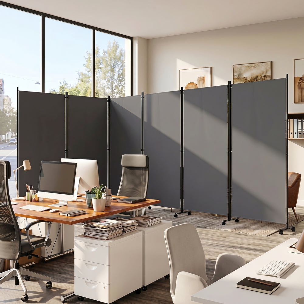 6 Panel Folding Privacy Screen Room Divider with Wheels-Gray - Gallery View 1 of 10
