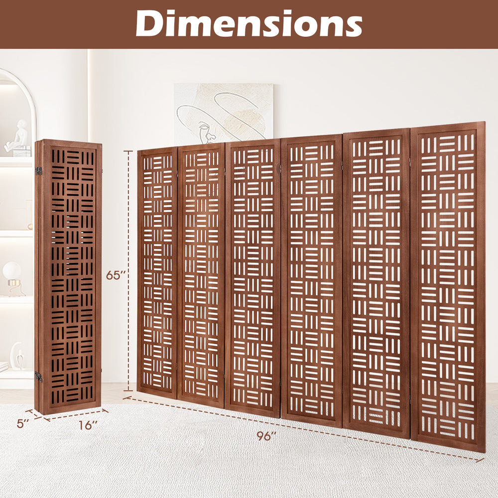 Dimensions of the 6-panel solid wood room divider, featuring a rustic cut-out pattern and foldable design for easy.