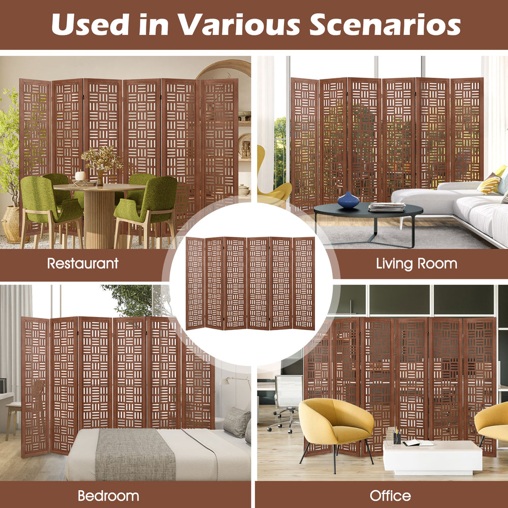 6-panel solid wood room divider with intricate cut-out pattern, ideal for restaurant, office, living room, or bedroom.