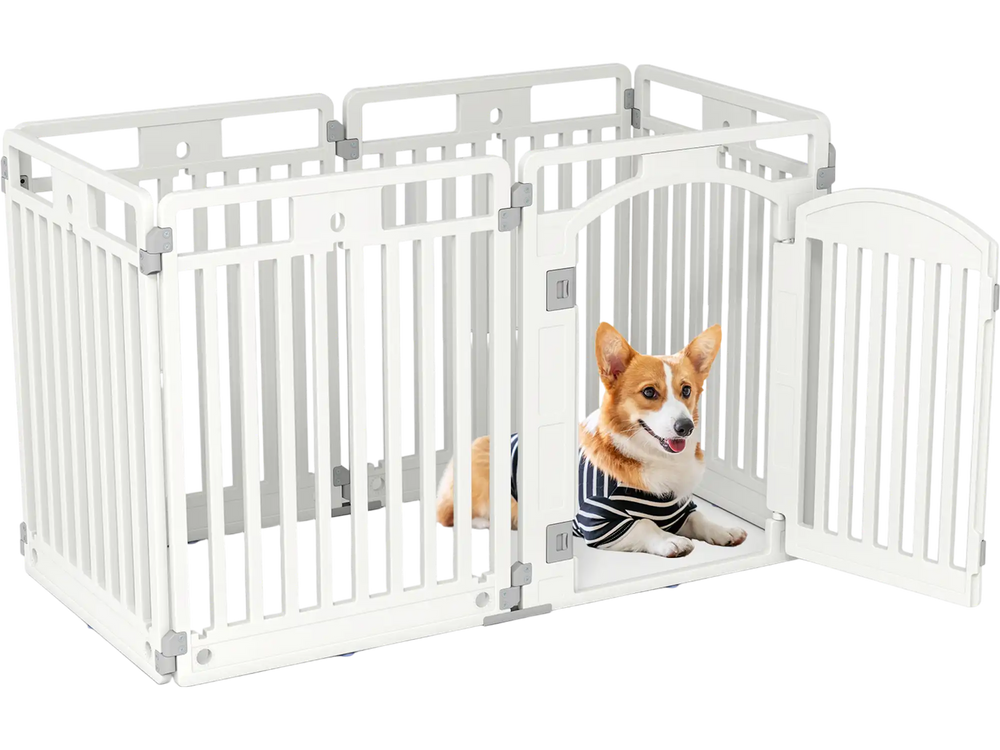 6-panel tall dog playpen in white with a locking door, ideal for small to medium pets, suitable for indoor and outdoor.