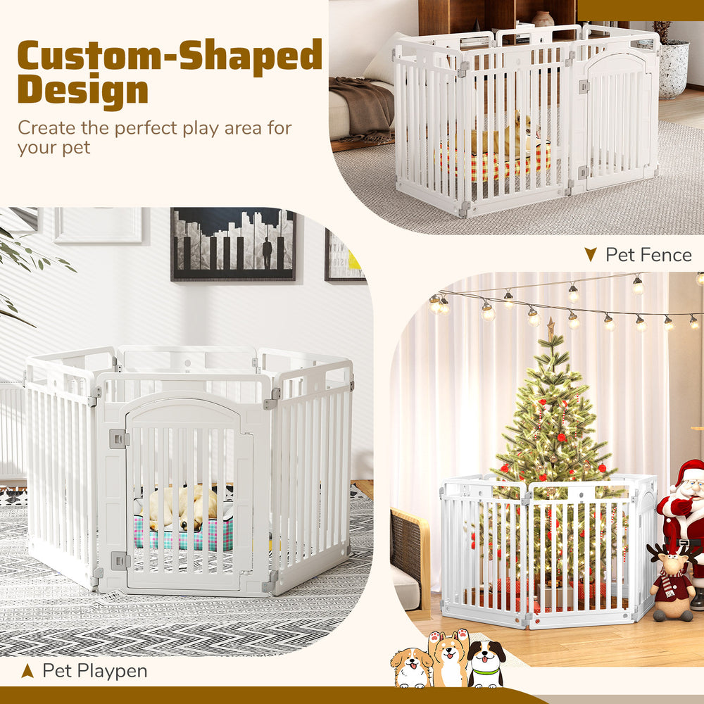 6-panel tall dog playpen in white, made of HDPE, designed for indoor and outdoor use, featuring a locking door.