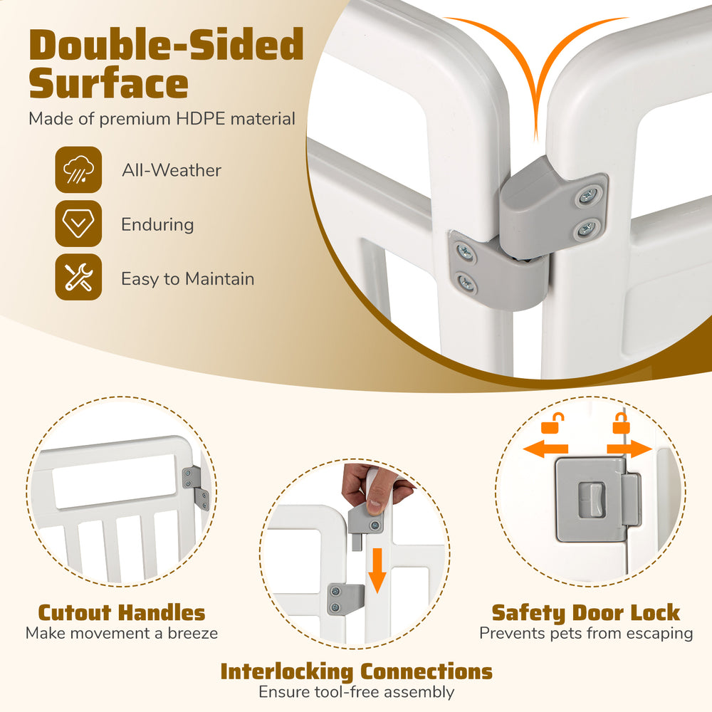 6-panel tall dog playpen in white with safety door lock, interlocking connections, and cutout handles for easy movement.