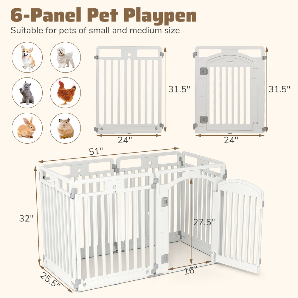 6-panel white pet playpen with locking door, made of HDPE, suitable for small and medium pets, ideal for indoor and.