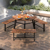 Acacia wood picnic table bench set for 6 with 3 benches, featuring sturdy metal legs and slatted surface for outdoor.