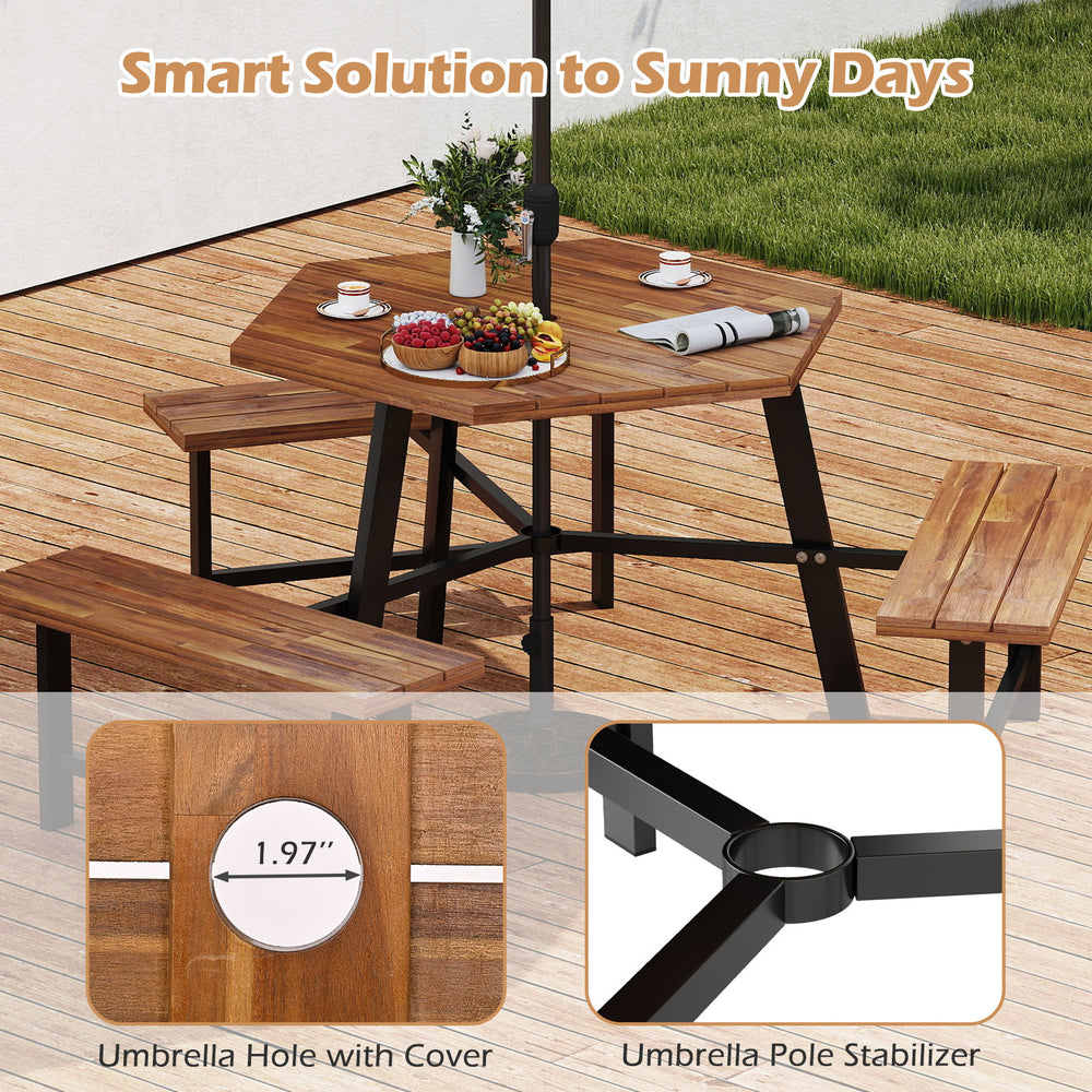 Acacia wood picnic table bench set for 6 with umbrella hole, featuring sturdy metal legs and slatted surface for.