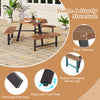 Acacia wood picnic table with three benches, featuring sturdy H-shaped metal legs and adjustable foot pads for.