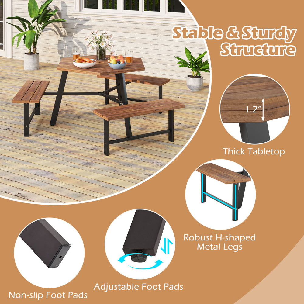 Acacia wood picnic table with three benches, featuring sturdy H-shaped metal legs and adjustable foot pads for.