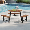 Acacia wood picnic table set with 3 benches, suitable for 6 people, ideal for outdoor dining by the pool.