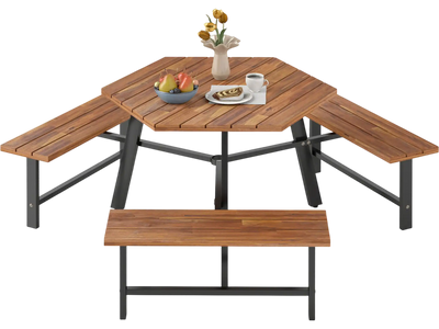Costway 6 Person Acacia Wood Picnic Table Bench Set 3 Seats 854261973 New