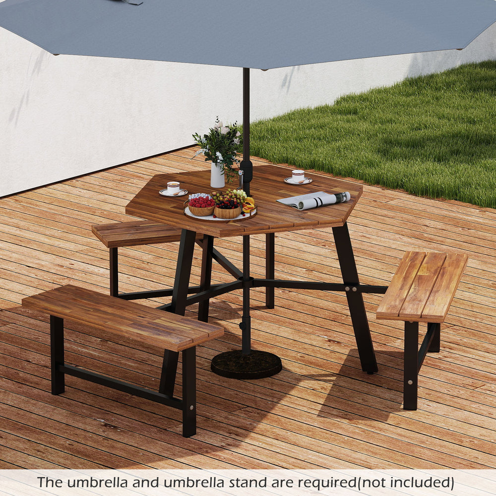 Acacia wood picnic table bench set for 6 with 3 seats, featuring sturdy metal legs and umbrella hole, ideal for outdoor.