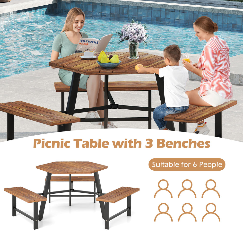 Acacia wood picnic table bench set with three benches, designed for six, perfect for family gatherings in outdoor.