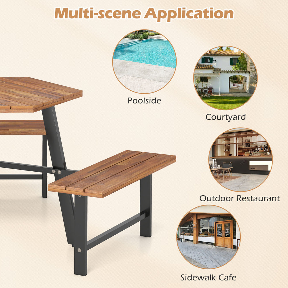 Acacia wood picnic table bench set for 6, featuring sturdy metal legs, ideal for outdoor restaurants and cafes.