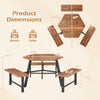Hexagonal acacia wood picnic table with three benches, featuring adjustable foot pads and an umbrella hole for outdoor.