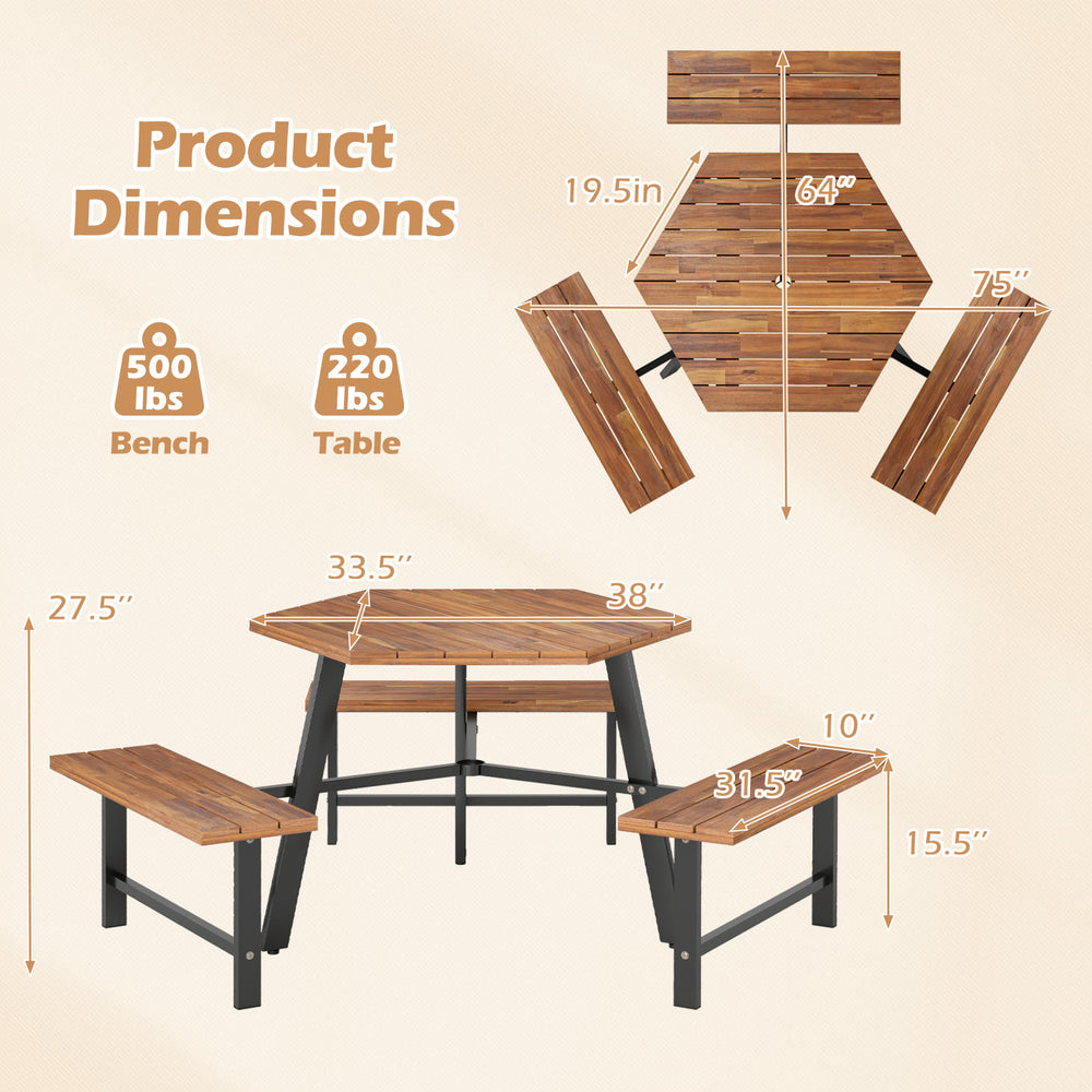 Hexagonal acacia wood picnic table with three benches, featuring adjustable foot pads and an umbrella hole for outdoor.
