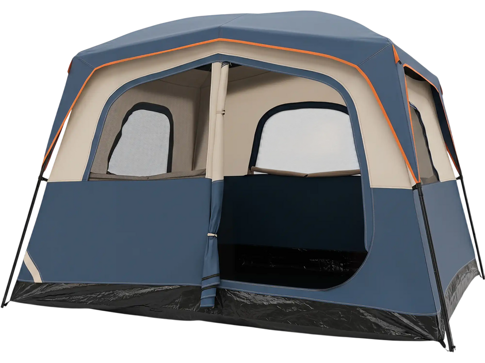 Spacious 6-person camping tent in blue with mesh windows, easy setup, and sturdy fiberglass poles for outdoor adventures.