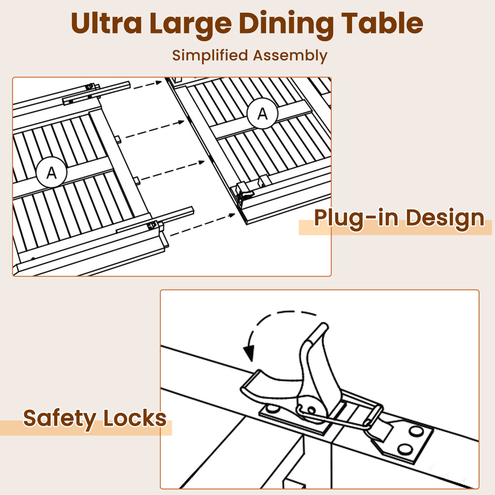 Detailed view of the plug-in design and safety locks of the 71-inch patio dining table with teak wood tabletop.