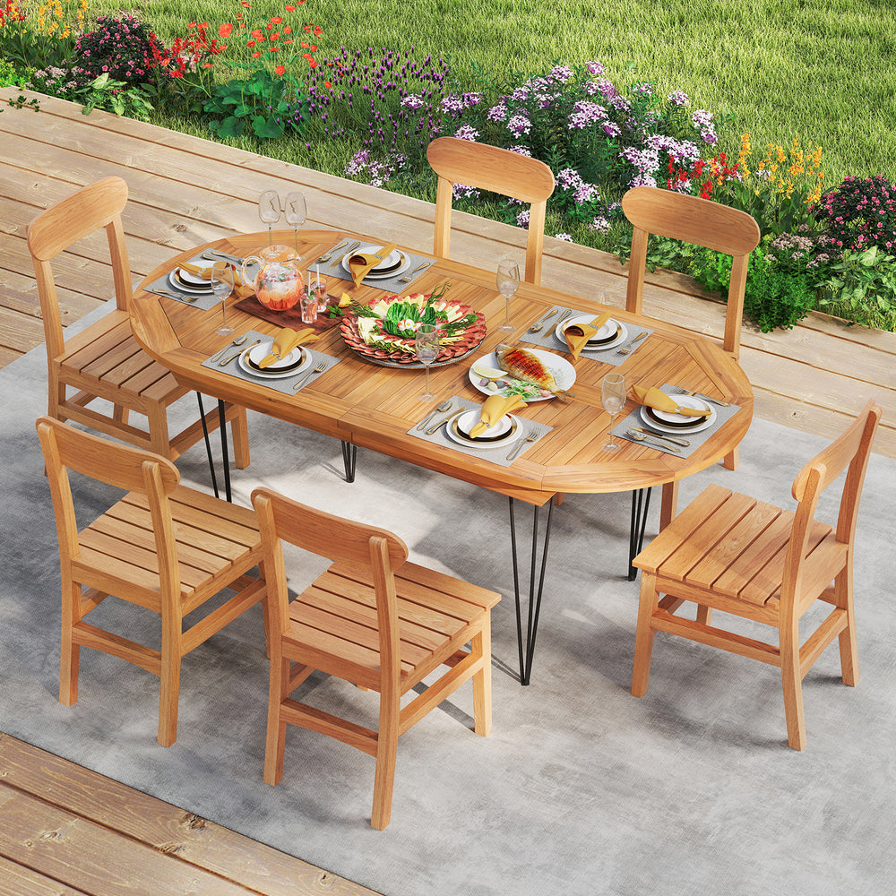 Teak wood patio dining table for 6 with metal legs, showcasing a natural finish and stable design, perfect for outdoor.