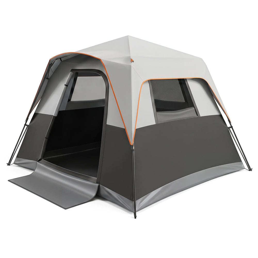 Spacious 6-person outdoor camping tent in grey features easy setup, blackout design, and excellent airflow for group comfort.
