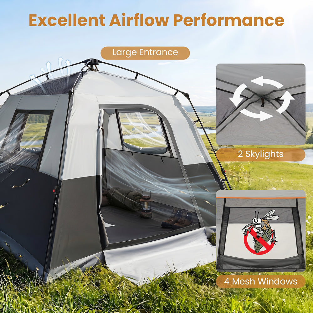 Spacious 6-person camping tent features a large entrance, 2 skylights, and 4 mesh windows for excellent airflow.