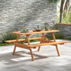 Rectangular 6-person picnic table set in natural wood, featuring built-in benches and an umbrella hole for outdoor.