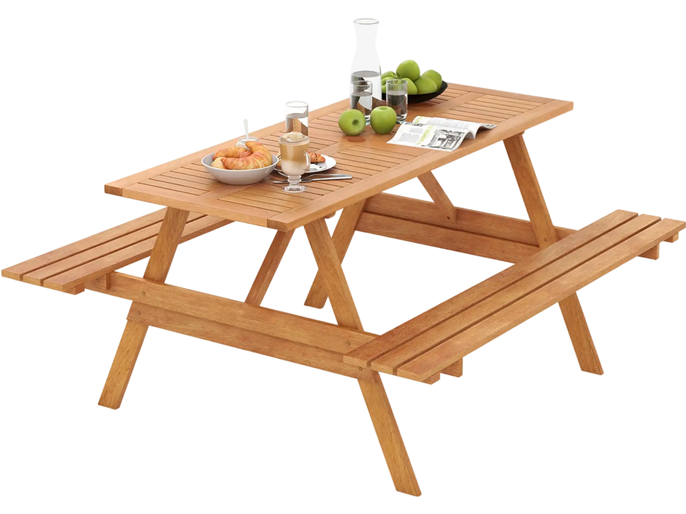 6 Person Picnic Table Set Patio Rectangle with 2 Built-in Benches and Umbrella Hole