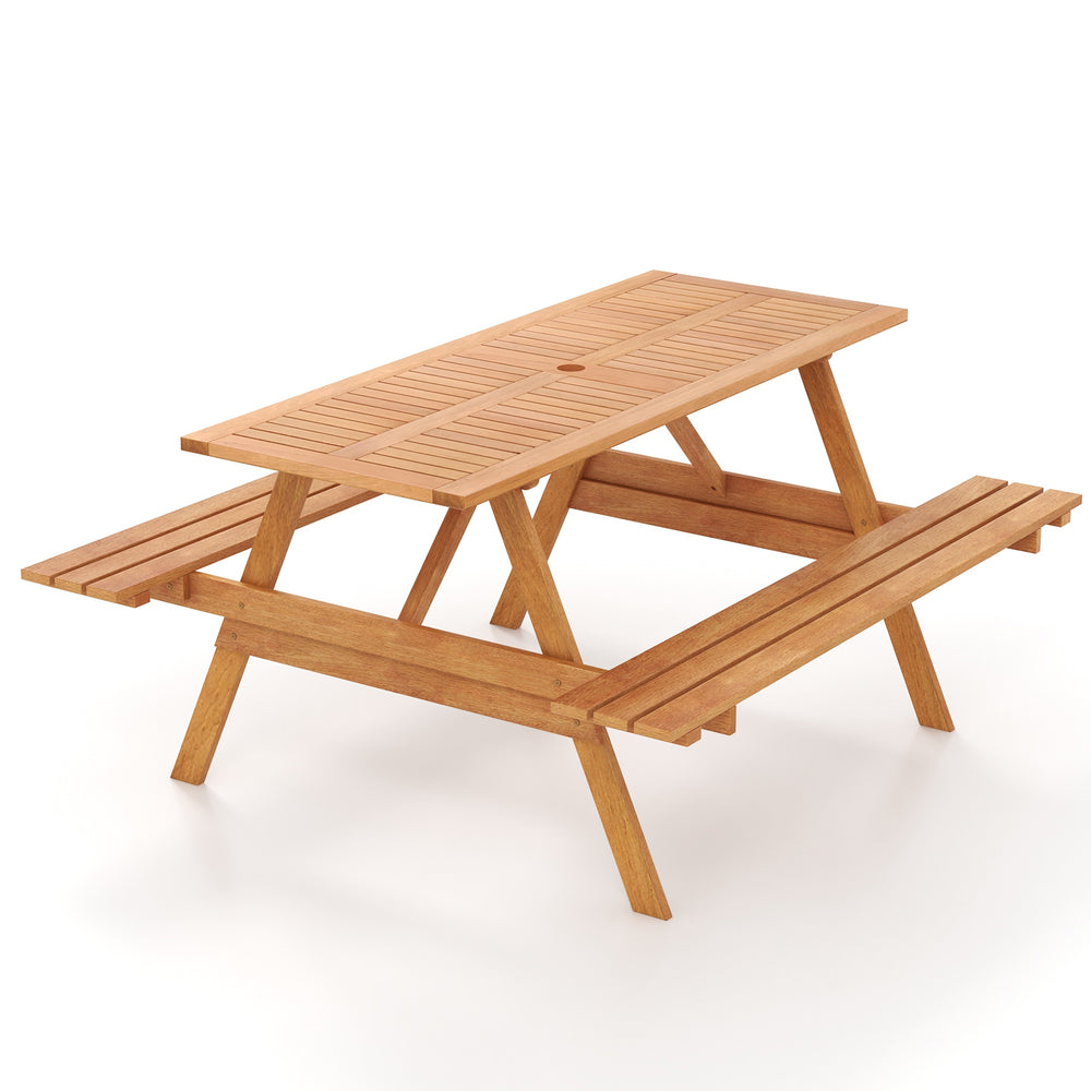 Rectangular 6-person picnic table set with two built-in benches, natural wood finish, ideal for outdoor gatherings.