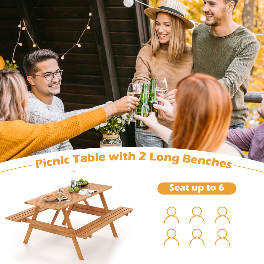 Picnic table set with 2 long benches, natural wood color, seats up to 6 for backyard or garden gatherings.
